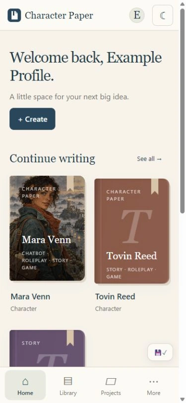 Character Paper home in its light theme, showing Mara Venn and Tovin Reed in the example library