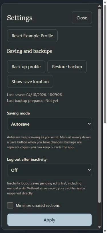 Character Paper Settings showing profile backup, appearance, autosave, and auto-lock controls