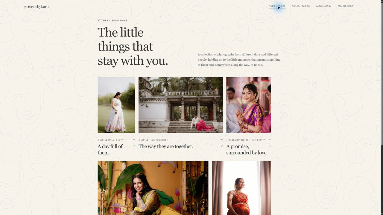 Current Stories by Karu stories page with an architectural couple photograph, bridal portrait and maternity portrait