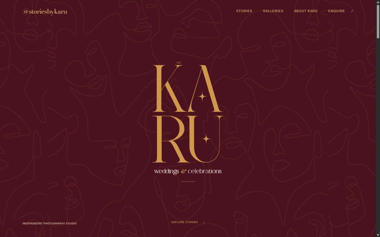 Stories by Karu hero with turmeric-gold lettering and line illustrations on its deep kumkum-red background
